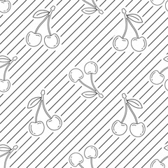 Elegant cherry pattern with thin diagonal stripes and delicate fruit illustrations