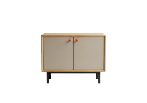 Modern minimalist wooden cabinet with red knobs and black legs isolated on transparent background