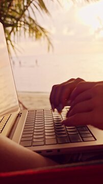 Vertical video. Woman typing on laptop while lying in hammock near sea at sunrise, tropical beach remote work scene, relaxed digital nomad lifestyle with ocean view