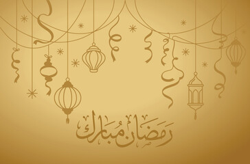 Obraz premium A festive Ramadan background with hanging lanterns and Arabic calligraphy on a golden gradient