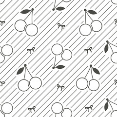 Whimsical cherry and bow pattern with diagonal stripes and hand-drawn style