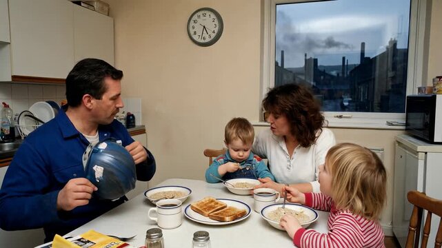 A family gathers together, enjoying a meal within their cozy home, creating a heartwarming portrait of domestic life and unity.