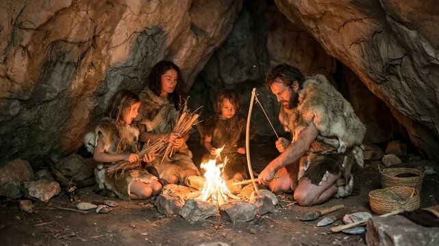 A glimpse into the past, a prehistoric family gathered around a crackling fire within their cave dwelling. Capturing the intimacy of family life, primitive tools, and the warm glow of the fire.