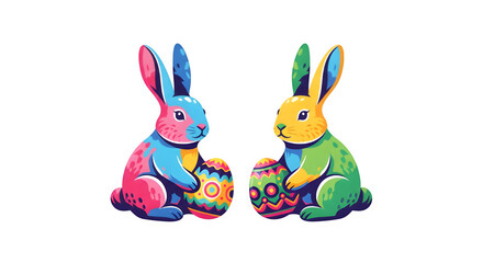 Obraz premium Two colorful easter bunnies holding eggs isolated on transparent background