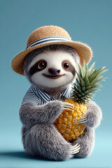 Obraz premium Smiling cute sloth holding pineapple wearing straw hat and striped shirt on blue background. Concept of summer fun, tropical vacation, and playful lifestyle