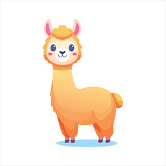 Adorable cartoon llama stands facing front with cute expression and vibrant orange fur in a simple graphic illustration