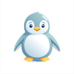 A cartoon penguin stands facing forward with large eyes and a yellow beak on a blank background d25.eps