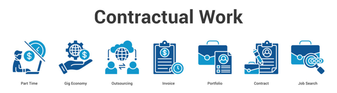 Contractual Work web banner icon set vector illustration concept for business with icon of Part Time, Gig Economy, Outsourcing, Invoice, Portfolio, Contra.
