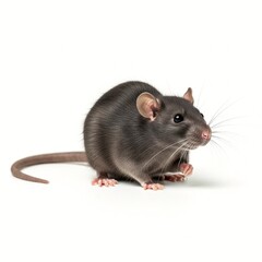 A small gray rat with a long tail and pink nose is sitting on a white surface