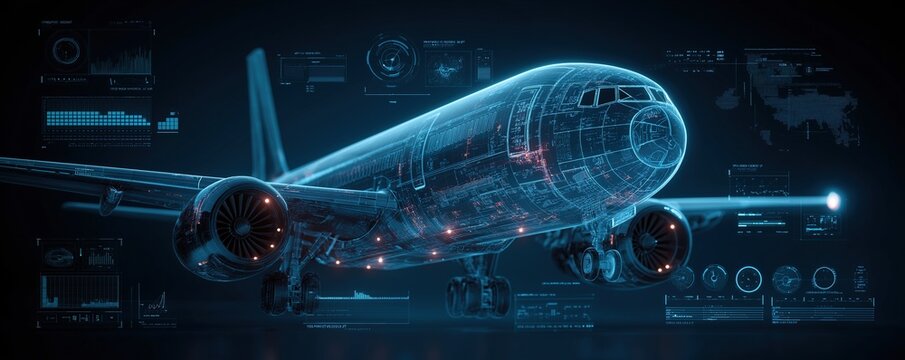 Digital hologram of an airplane with detailed blue lines and glowing lights surrounded by flight data panels displaying technical information