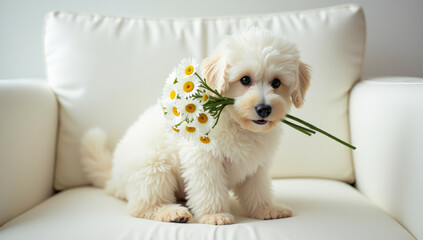a white puppy with a bouquet of daisies on the couch
