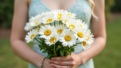 bouquet of daisies in women's hands close-up