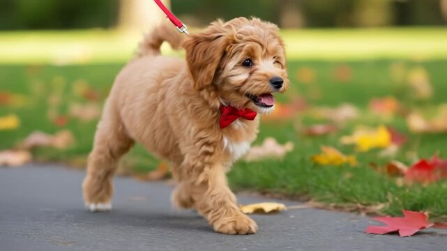 Dapper Pup Cavapoo puppy in bow tie sprints on autumn park path.