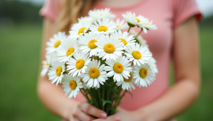 bouquet of daisies in women's hands close-up