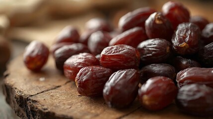 Obraz premium A close-up view of a pile of dates on a wooden surface