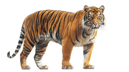 Obraz premium A powerful Siberian or Bengal tiger with distinct black stripes is isolated on a white background, showcasing the wild majesty of this large feline predator and striped jungle hunter