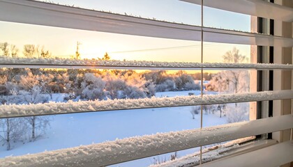 Interior view of snow-covered landscape framed by blinds, sunrise/sunset hues