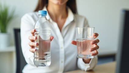 in the hands of a bottle and a glass of water