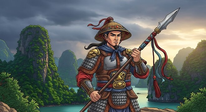 Vietnamese Warrior with Spear in Halong Bay, Digital Art.