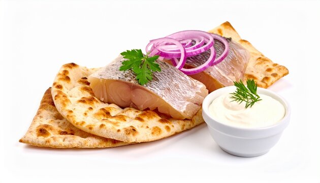 appetizing pickled herring on flatbread with cream topping