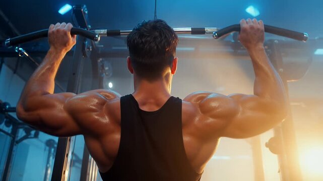 Muscle workout at gym showing pull-up exercise in fitness training session in the evening