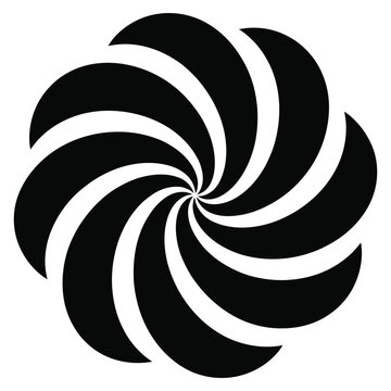 Swirling black graphic design featuring eight curved segments forming a dynamic spiral motion perfect for abstract concept of rotation energy or vortex