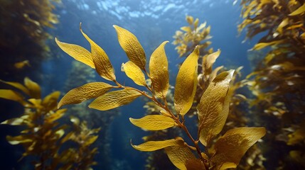 Golden kelp fronds sway gracefully underwater illuminated by sunbeams filtering through the blue ocean