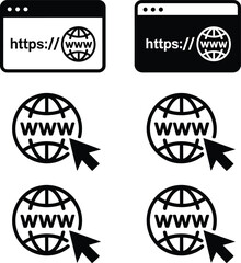 Obraz premium Website browser and internet globe icons set showing URL, www cursor click symbols, web navigation concept for digital marketing, online communication and technology design.