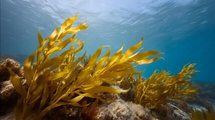 Naklejka premium Sunlit kelp forest gently swaying in clear ocean waters showcasing vibrant marine life and natural beauty