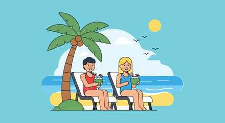 Tropical Vacation Thumbnail with People Drinking Coconut Water Flat Vector
