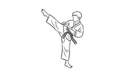 Karate practitioner performing high kick in martial arts uniform outline drawing