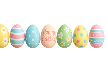 Colorful decorated easter eggs arranged in a row featuring various pastel colors and playful patterns for celebration