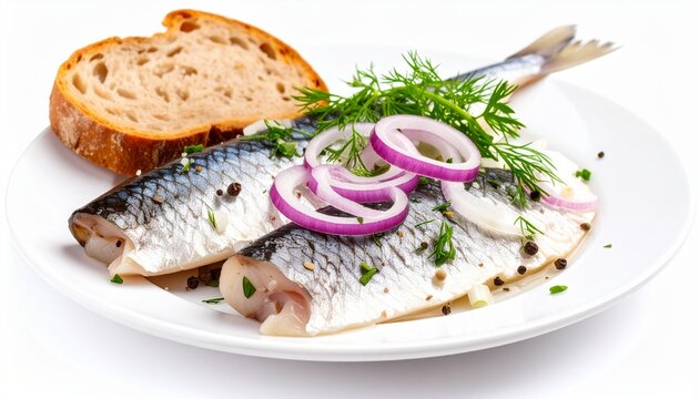 pickled herring fillets served with red onion and dill