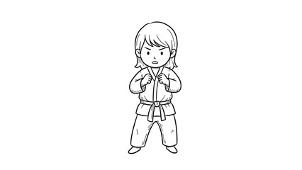 Obraz premium Child in martial arts uniform ready to fight in line art style