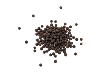 Black pepper grains top view isolated background