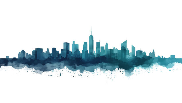 Stylized watercolor silhouette of a city skyline with blue and white hues against a black background