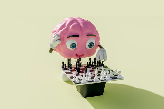 3D brain playing chess strategy on game board