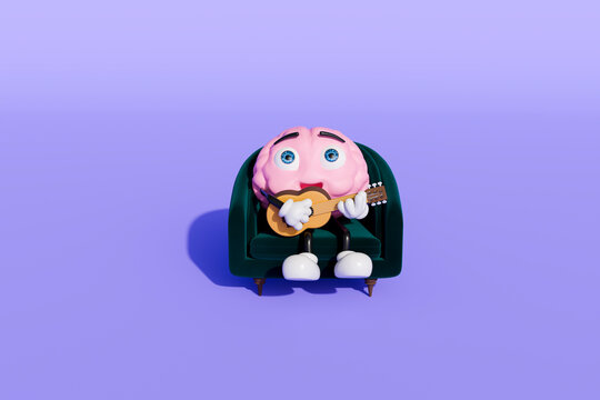 3D brain playing guitar music on green chair