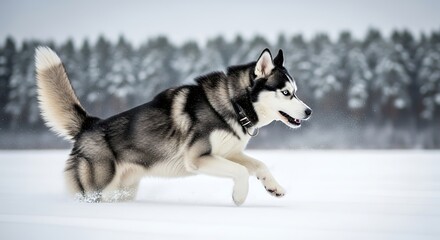 Naklejka premium Siberian Husky running in a snowy forest during winter.