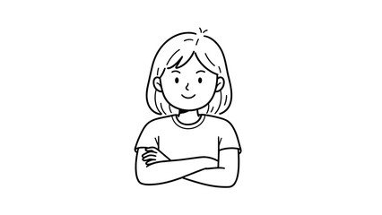 Minimalist line art of confident smiling girl with crossed arms on white background
