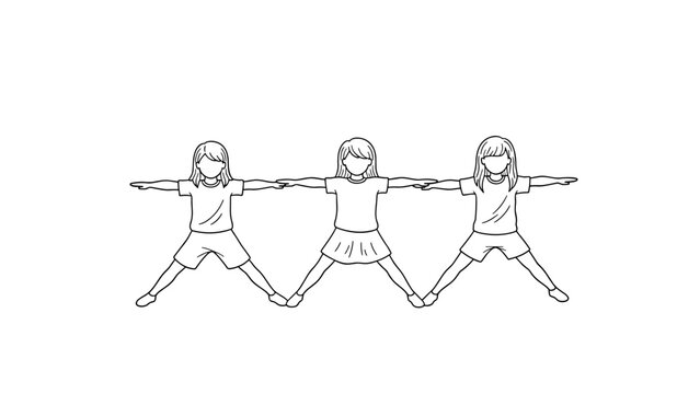 Three kids in t-pose line art on white background