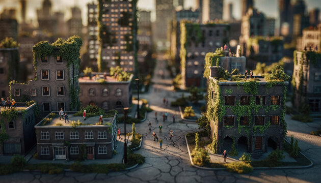 Miniature tilt shift photography shows post apocalyptic city with overgrown ruins and destroyed buildings where nature reclaims urban landscape in dramatic lighting with lonely atmosphere