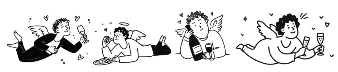 Naklejka premium Hand drawn valentine cupid cherub doodle illustrations with hearts wine and pizza for love and romance themes