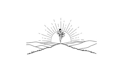 Fototapeta premium Martial artist in dynamic pose with radiating sun and mountain landscape in minimalist style