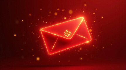 Fototapeta premium Glowing red hongbao envelope outlined with golden light floating on dark red background with sparkles. Lunar New Year gift symbol, prosperity, celebration, festive atmosphere