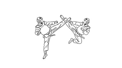 Dynamic martial arts sparring: two fighters in action with protective gear