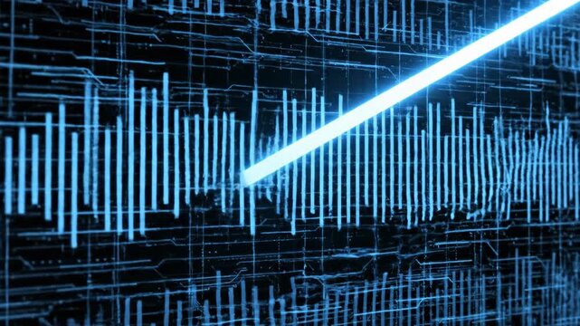Abstract technology glowing arrow ascending on blue data visualization