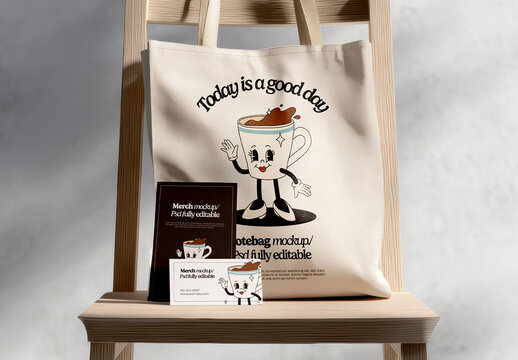 Merch Tote Bag Mockup on Wooden Chair