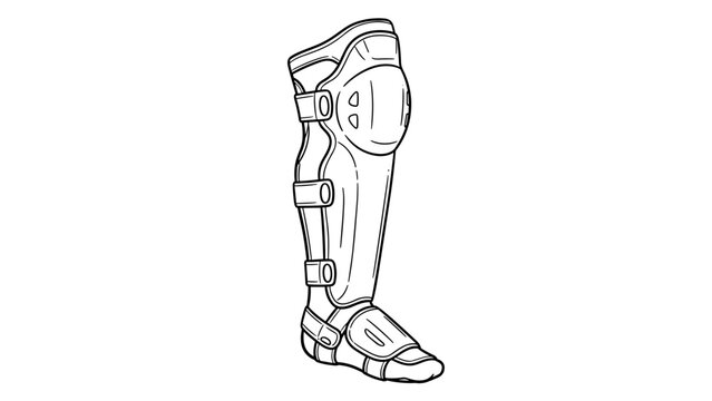 Linear drawing of protective sports shin guard with adjustable straps and detailed design
