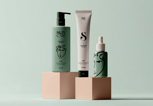 Skincare Packaging Set Mockup on Pedestal Display